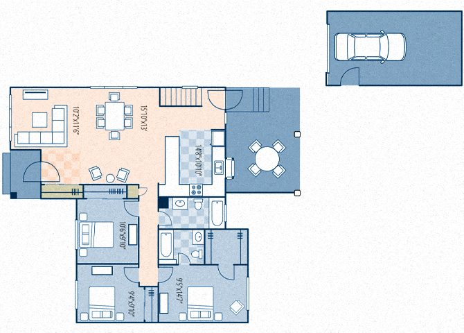 Floor plan for 3 beds, 2 baths, 1127 sqft